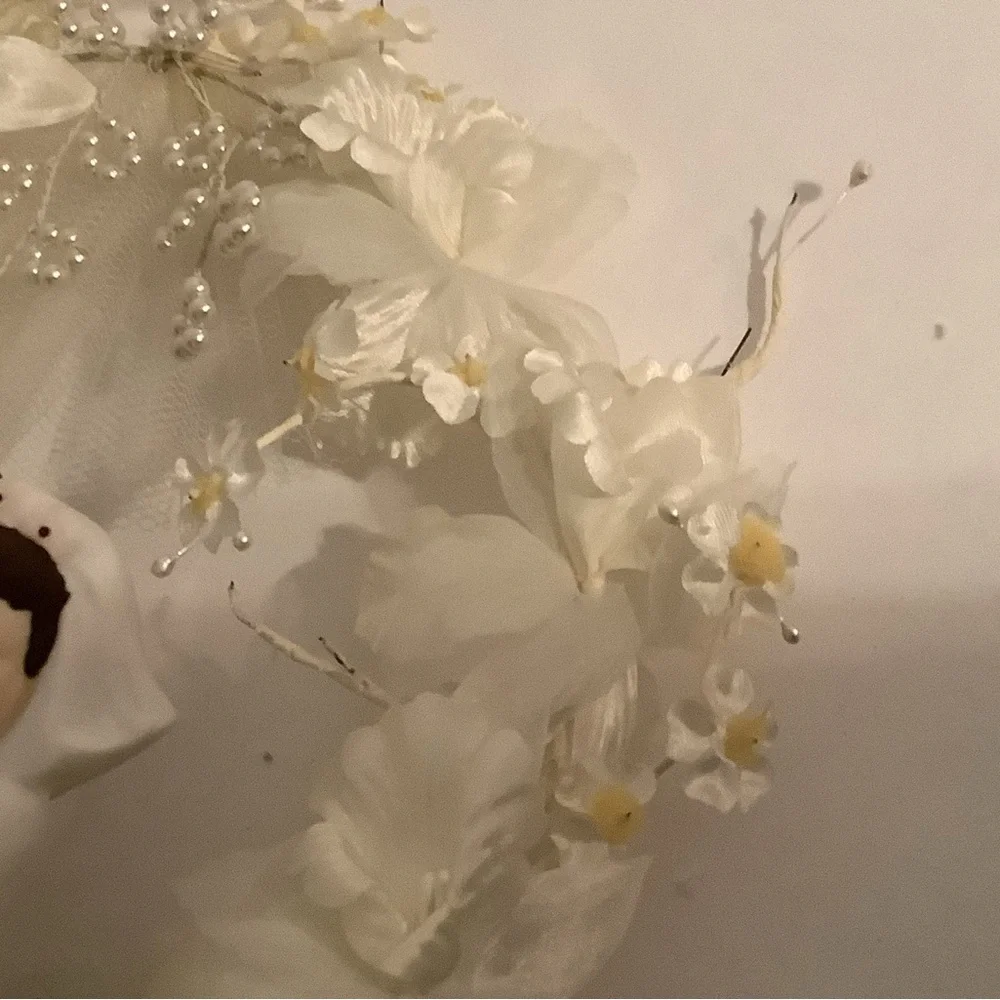 Vintage Wedding Cake Topper Porcelain Bride and Groom with White Floral Accents